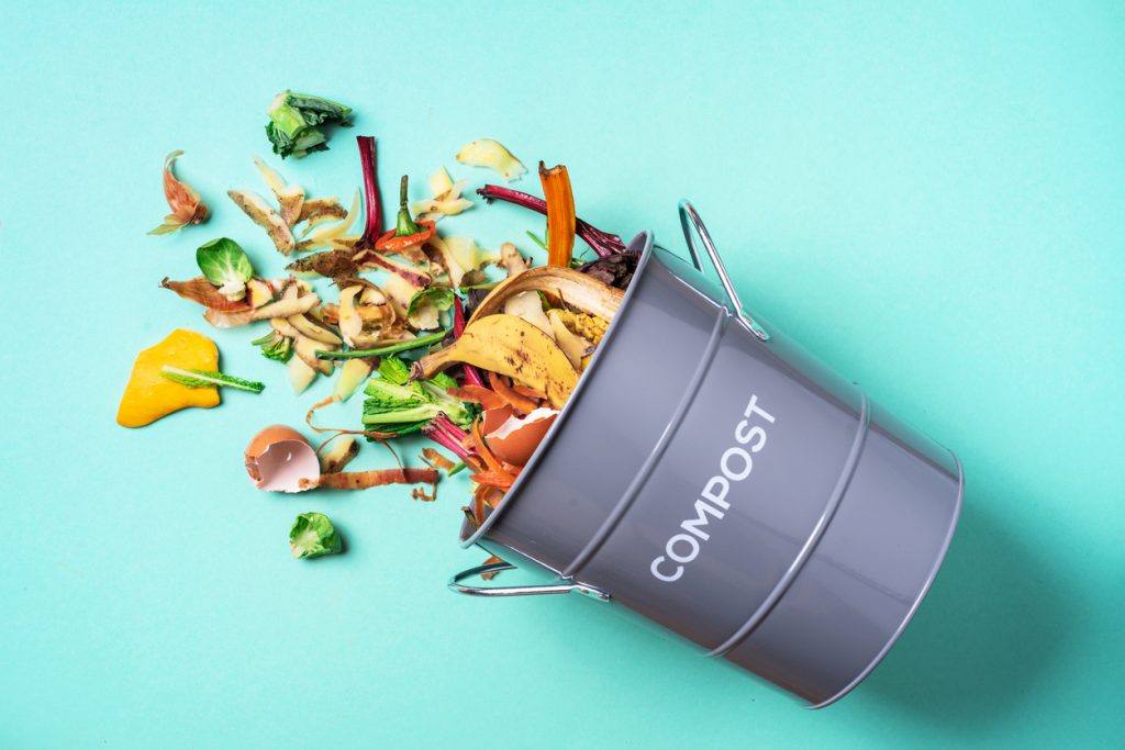 Trash bin for composting with leftover from kitchen on blue background. Top view. Recycling scraps.