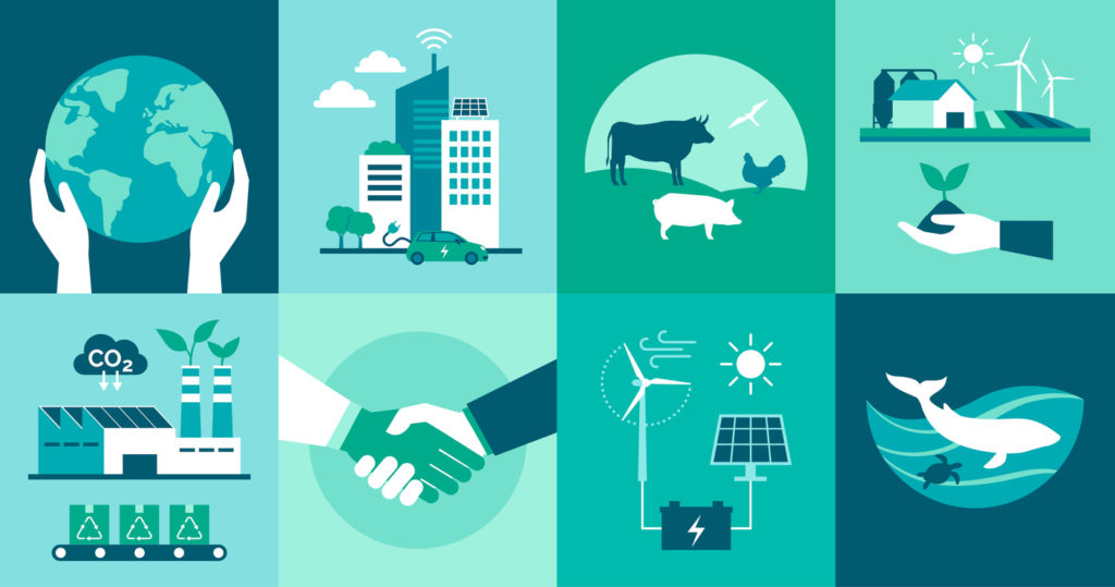 Ecology icons set: environmental protection, smart cities, sustainable industry and agriculture, animal welfare and renewable energy concept