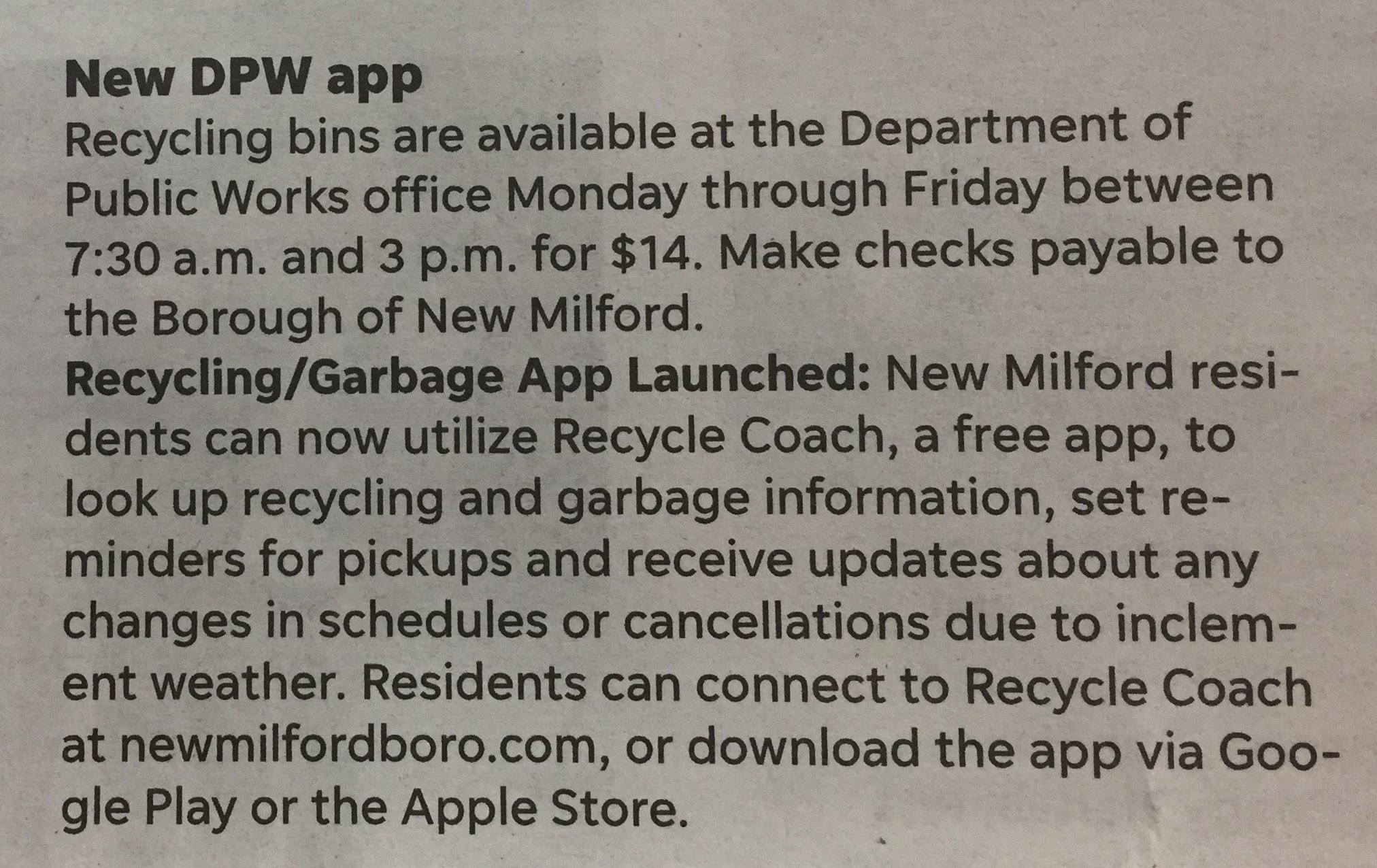 Recycle Coach in the Twin-Boro News from a press release Julia submitted