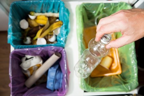 Hand placing plastic bottle into a plastics recycling bin. 