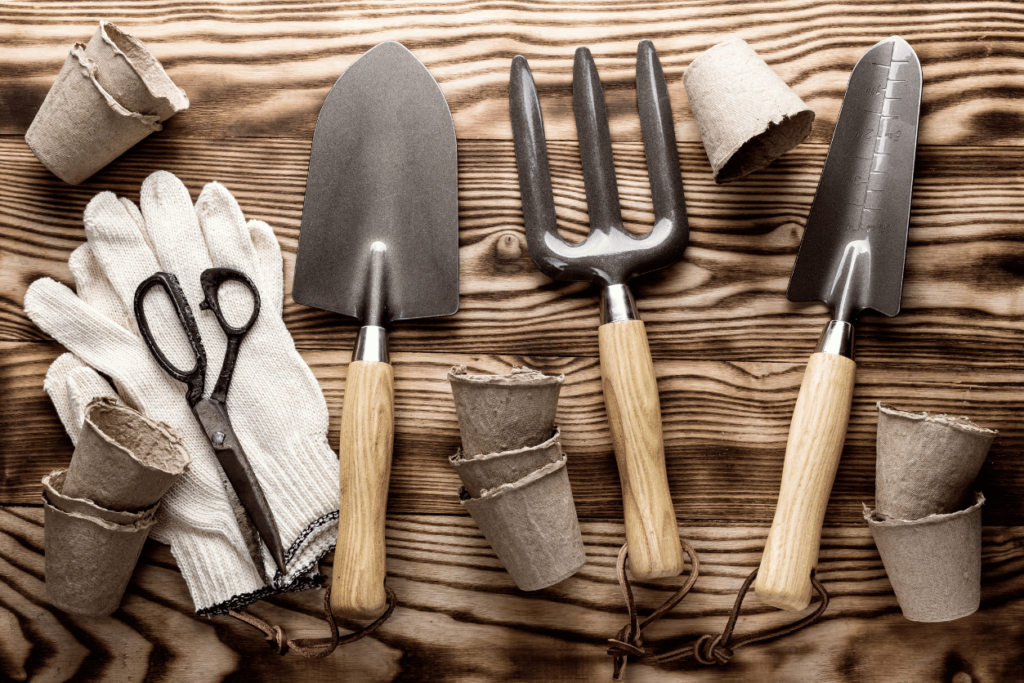 wood and metal gardening tools