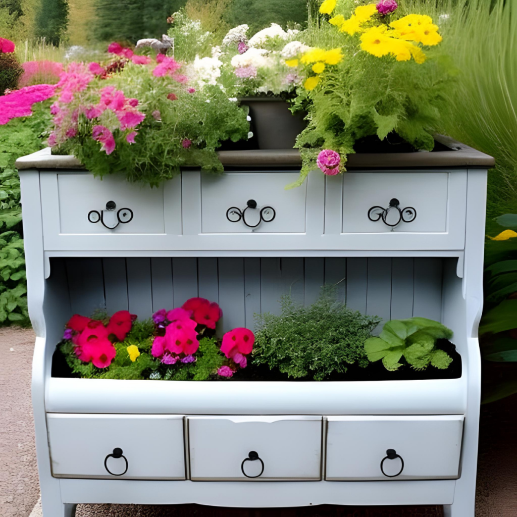 AI generated image of a dresser used as a planter in a garden