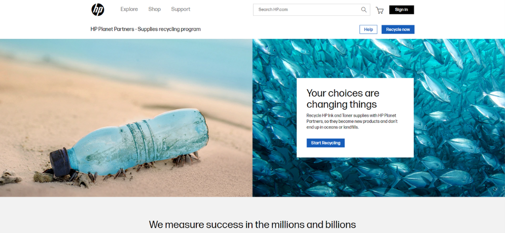 Screenshot of HP's recycling program. Image on the left is a water bottle on the sand. Image on the right is a school of fish.