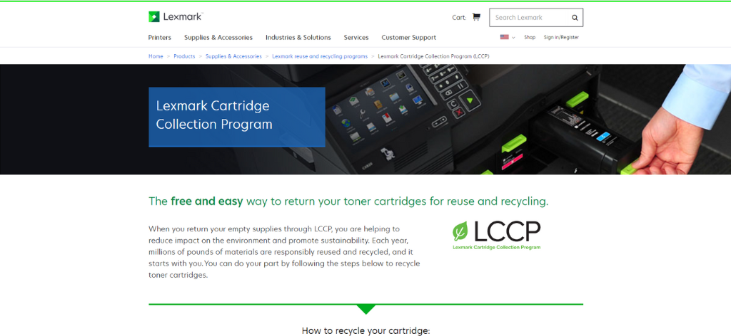 Screenshot of Lexmark's cartridge collection program information webpage