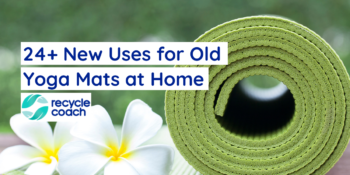 Close up of a yoga mat with two white flowers on it. Title and logo overlayed