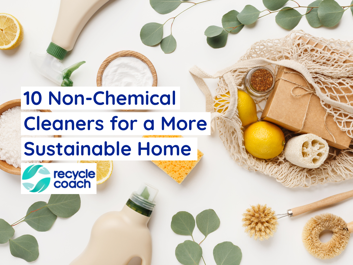 eucalyptus leaves, lemons, baking soda, and cleaning bottles with a loofah and natural bag.