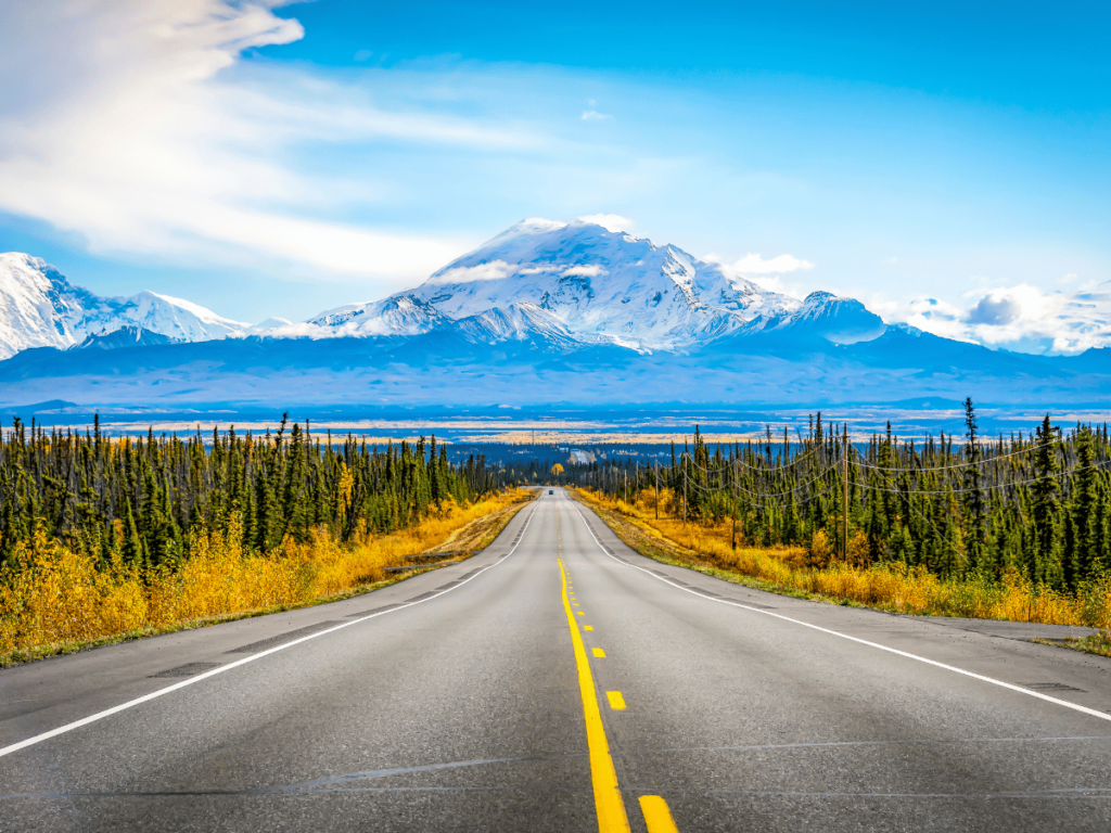 scenic view of mountains and trees down a road