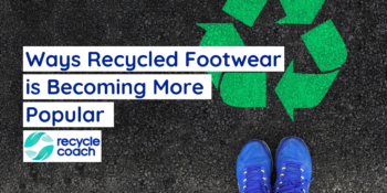 Blue shoes in front of a recycling mobius symbol