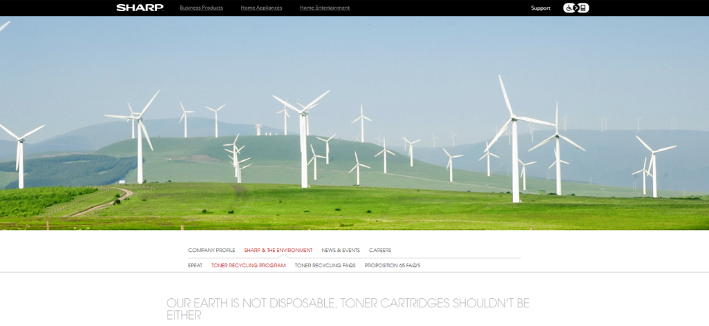 screenshot of Sharp's toner recycling program webpage. Image is a field with energy windmills.