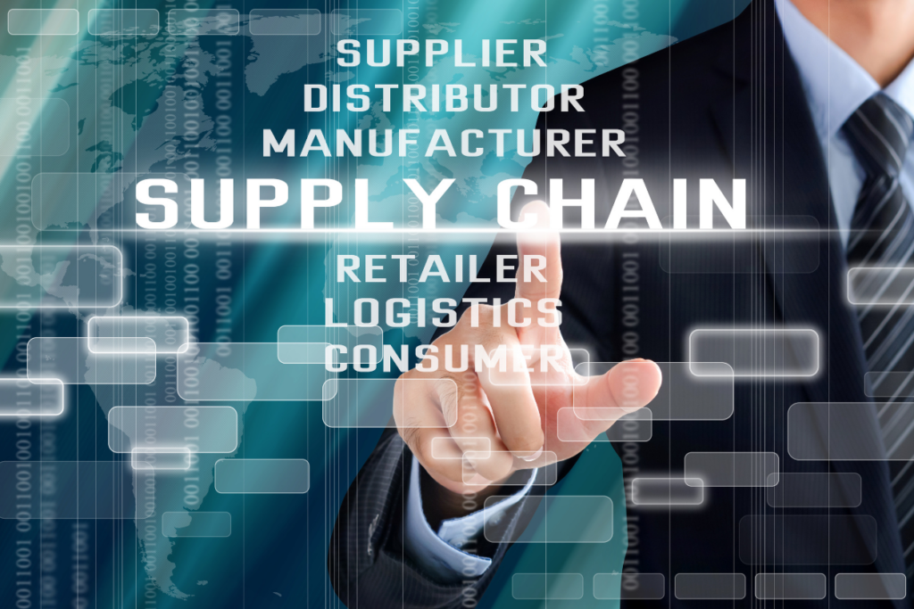 Businessman hand touching supply chain words on a virtual screen