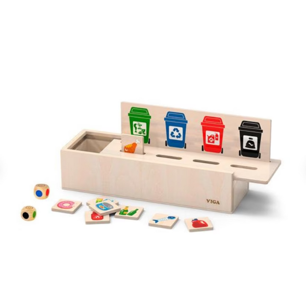 wooden waste sorting toy with wood tiles